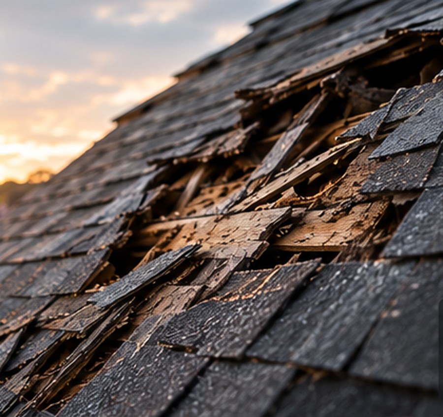 Illustrative close-up of damaged asphalt shingles